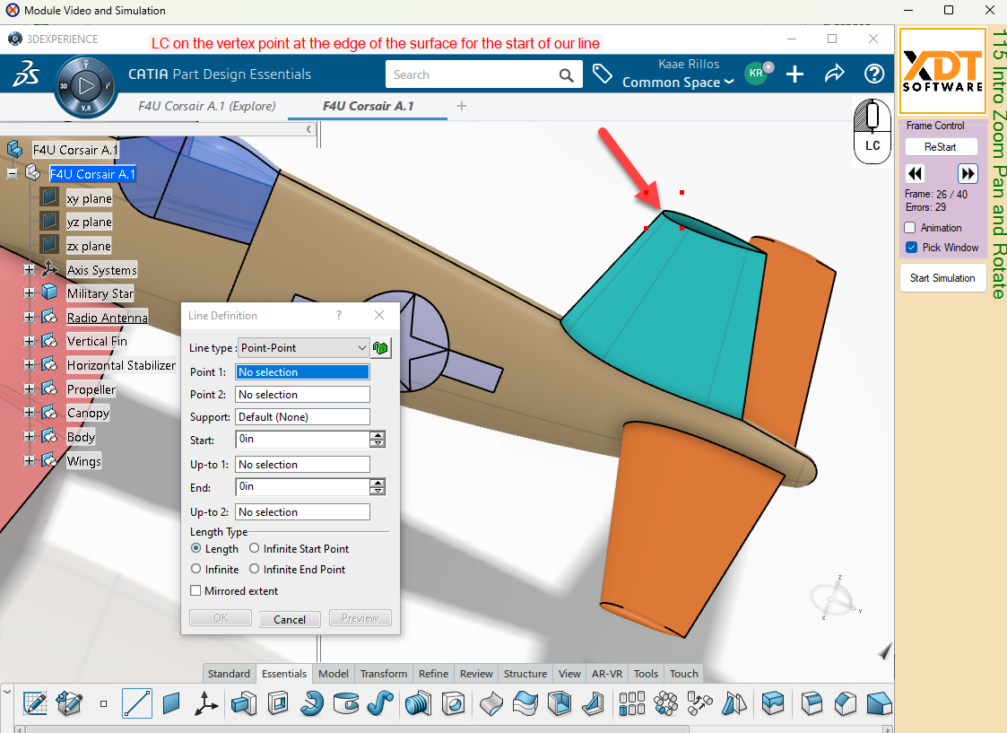 3DXTrain simulator showing CATIA 3DExperience (3DX)-style guided line creation exercise