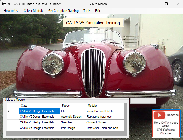 XDT CADSimulator Test Drive launcher with four CATIA 3DExperience (3DX) training modules